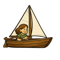 A woman with long brown hair in a green shirt steers a small brown sailboat with a white sail.