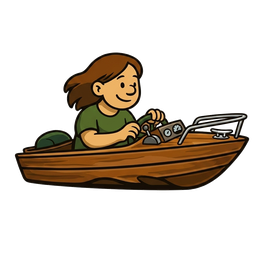 A woman with long brown hair in a green shirt drives a small brown wooden motorboat.