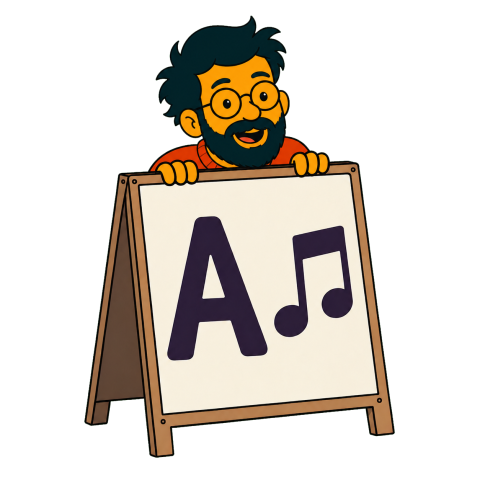 A man with a black beard and glasses looks over an A-frame sign showing the letter A and a musical note.