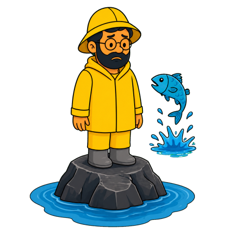 A man in a yellow raincoat and hat stands on a small rock surrounded by water as a blue fish jumps nearby.