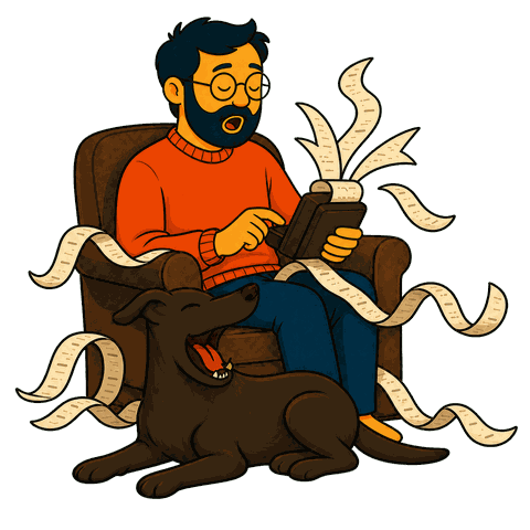 A man with glasses sits in a brown armchair holding a long paper strip while a brown dog yawns.