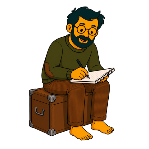 Eric, with dark hair, a full beard and round glasses, sits on a brown trunk writing in a notebook with a black pen.