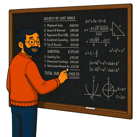 A man with a black beard and glasses writes on a black chalkboard filled with equations and a price list.