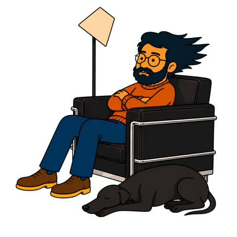 A man with a black beard and glasses sits in a black armchair next to a sleeping black dog.