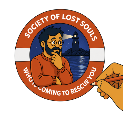 A hand holds an orange pencil drawing an orange life preserver with a lighthouse and a man's face.