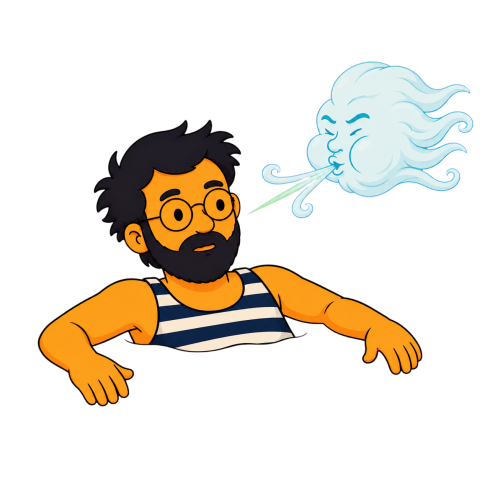 A man with a black beard and glasses floats in blue water near a periscope, a shark fin, and a television.