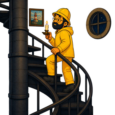 A lighthouse keeper carrying a candle climbs the spiral staircase of a lighthouse.