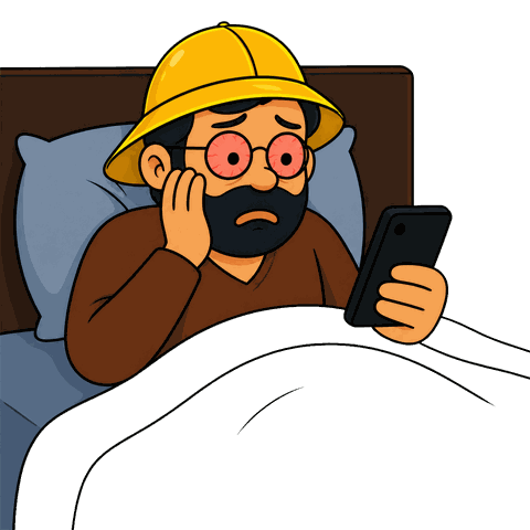 A man with a black beard, yellow hard hat, and red-rimmed eyes looks at a smartphone while in bed under white covers.