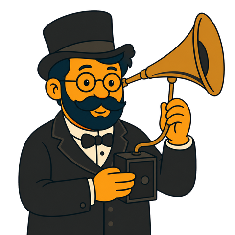 Eric, with dark hair, a full beard and round glasses, wears a black top hat and suit and holds a horn to his ear connected to a black box.
