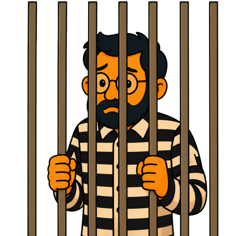 A man with a black beard and glasses wears a black and white striped shirt behind brown vertical prison bars.