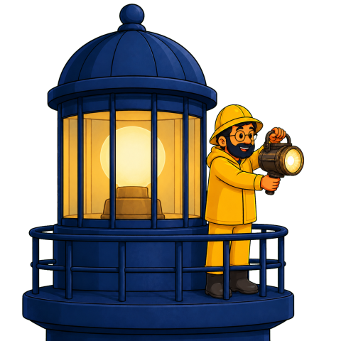 A man in a yellow souwester and hat stands on the gallery of a blue lighthouse holding a lit lantern.