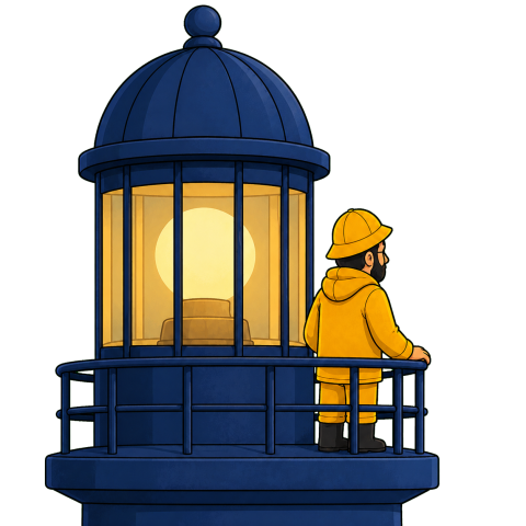 A man in a yellow souwester and hat looks at a bright yellow light inside a blue lighthouse.