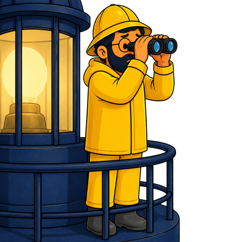 A man in a yellow souwester and hat looks through binoculars from the gallery of a blue lighthouse.