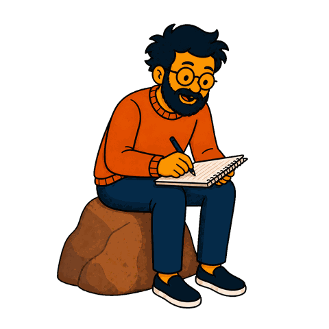 A man with a black beard and glasses sits on a brown rock writing in a white notebook with a blue pen.