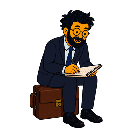 A man with a black beard and glasses in a dark suit sits on a brown briefcase writing in a white notebook.