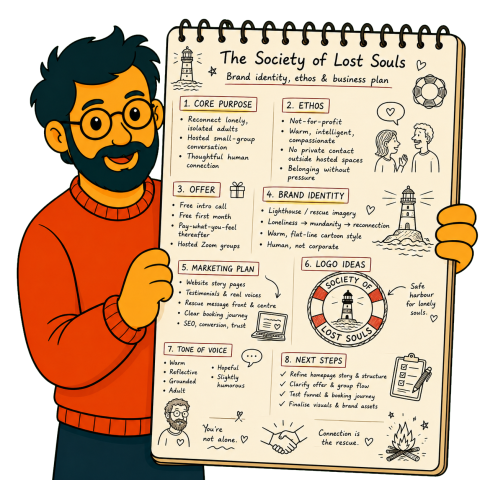 A man with a black beard and glasses holds up a large notebook showing a brand identity plan.
