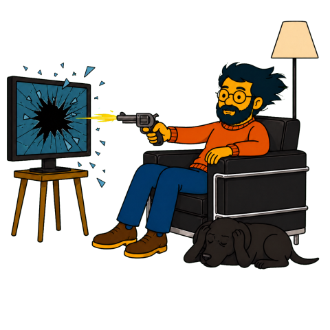 A man with a black beard and glasses sits in a black chair firing a revolver at a shattered television screen.