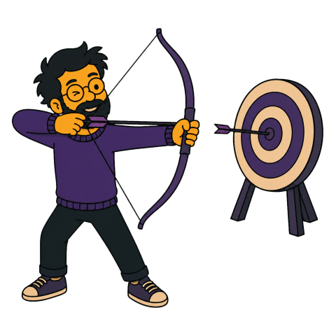 A man with a black beard and glasses wearing purple clothing aims a bow and arrow at a purple and white target.
