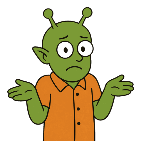 A green alien with antennae and round eyes wearing an orange collared shirt shrugs with its hands out.