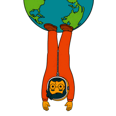 A man in an orange spacesuit and helmet hangs upside down below a globe of the Earth.