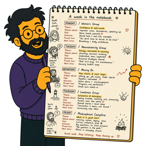 A man with a black beard and glasses holds up a large open notebook showing a weekly schedule.