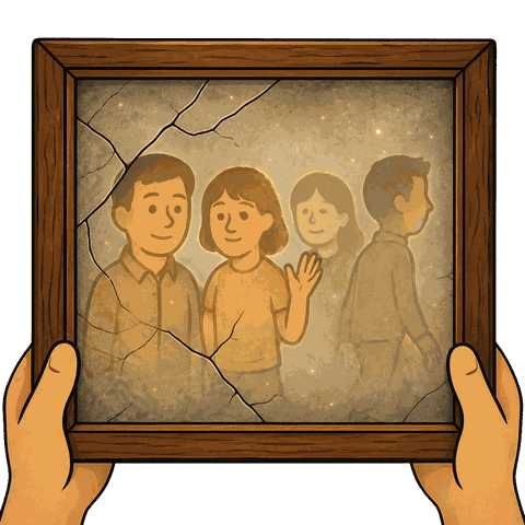 Two hands hold a framed cracked picture of a man and a woman in colour, alongside grey ghostly outlines of others.