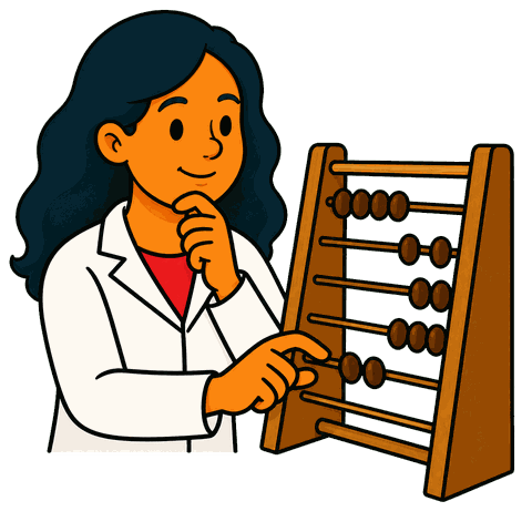 A woman with black hair in a white lab coat over a red shirt moves beads on a wooden abacus.