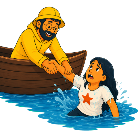 A man, wearing a yellow souwester, reaches from a boat to pull a woman out of the water.