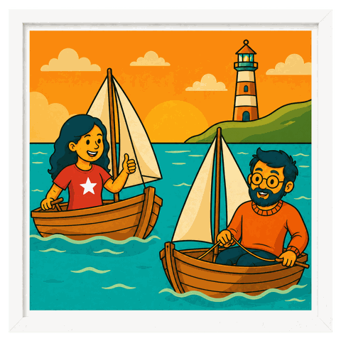 A woman and a man in separate small sailboats on blue water near a lighthouse at sunset.