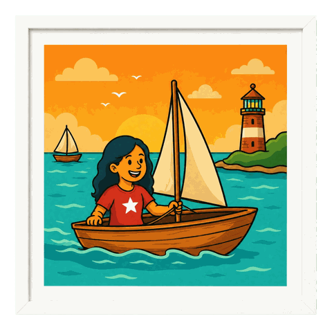 A woman with black hair in a red shirt with a white star steers a small sailboat near a lighthouse at sunset.