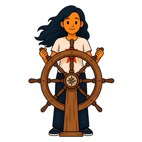 A woman with black hair in a white shirt with a red star and blue pants stands holding a wooden ship's wheel.