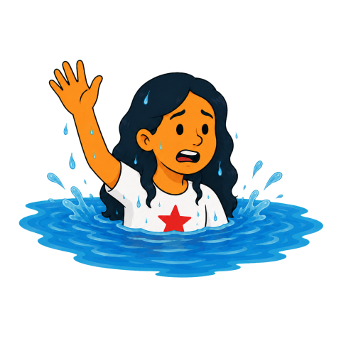 Woman struggling in splashing water, reaching her arm up to be rescued.