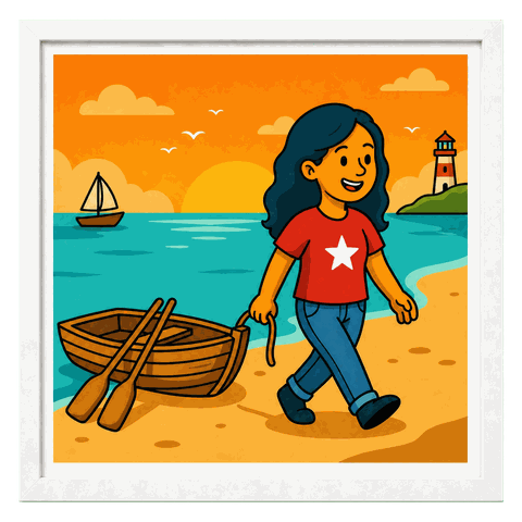 A woman with black hair in a red shirt with a white star pulls a wooden boat onto a sandy beach near a lighthouse.