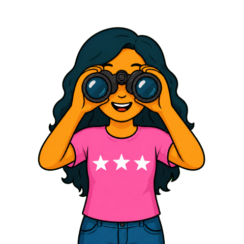 A woman with binoculars looking at outcomes.