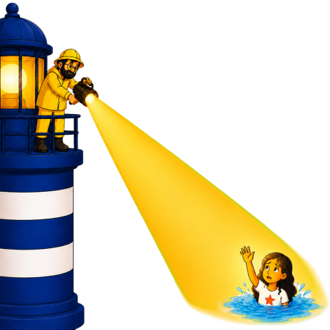 A lighthouse keeper stands on the edge of his lighthouse shining a beam into the sea onto a lost soul.