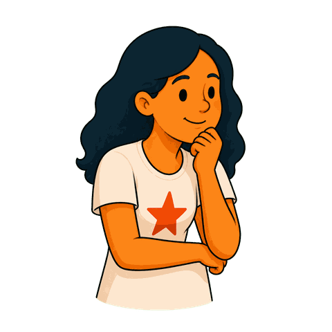 A woman with black hair in a white shirt with a red star stands with her hand under her chin.