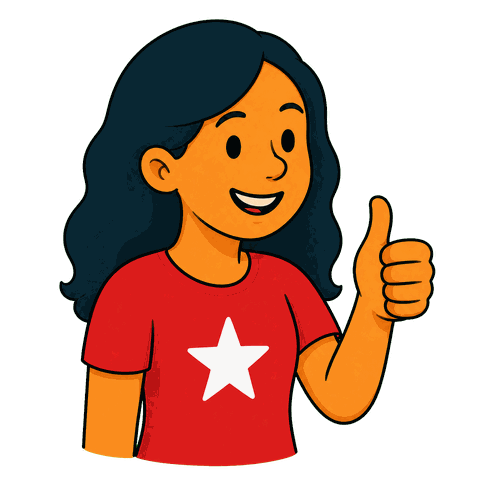 A woman with black hair in a red shirt with a white star smiles and gives a thumbs up.