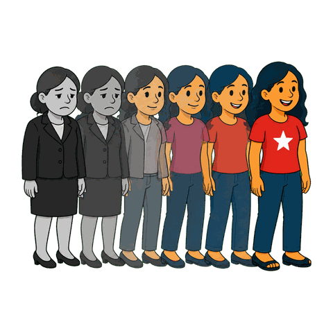 Five figures of a woman transforming from a grey business suit to colour in a red star shirt and jeans.