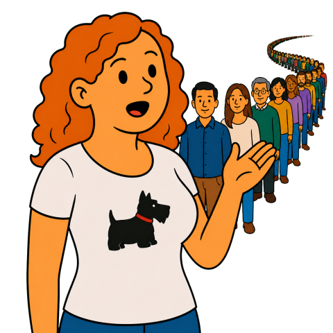 A woman with curly orange hair in a white t-shirt with a terrier dog print gesturing toward a long queue of people.