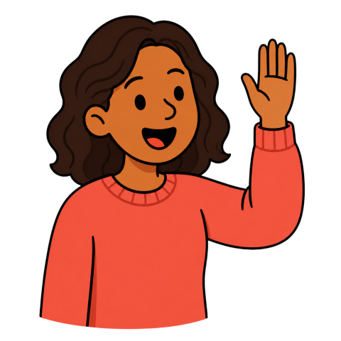Women with a coral top holds up her hand while asking a question.