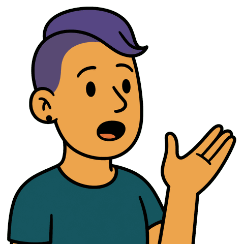 A person with purple hair and an ear piercing in a dark blue shirt holds their hand up speaking.