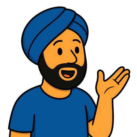 A man wearing a blue turban and a blue shirt holds his hand up speaking.