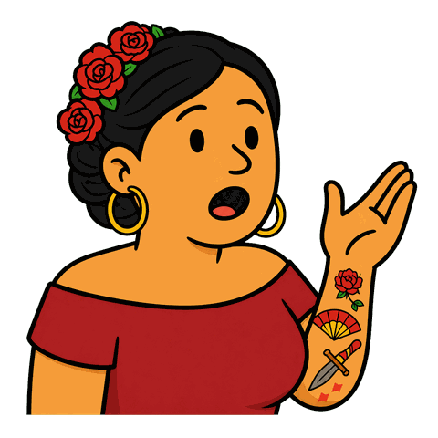 A woman with red roses in her black hair, wearing a red top and gold hoop earrings, holding her hand up, with tattoos.