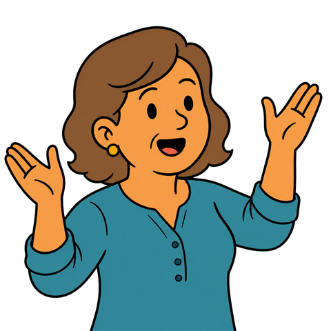 A woman with short brown hair and gold earrings wearing a teal button-up blouse, holding her hands up while speaking.