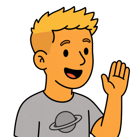 A blonde man with a grey planet shirt holding his hand up speaking.