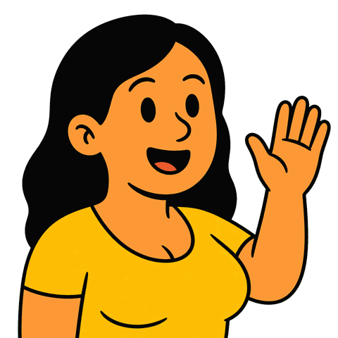 A woman with long black hair wearing a yellow shirt holds her hand up speaking.