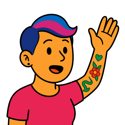 A person with short blue and pink hair and an ear piercing wearing a pink shirt holds their hand up speaking.