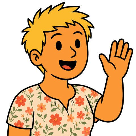 A person with short blonde hair wearing a floral shirt holds their hand up speaking.