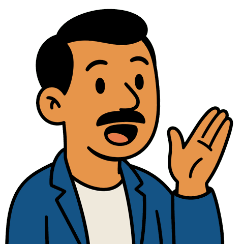 A man with black hair and a moustache wearing a blue suit holds his hand up speaking.