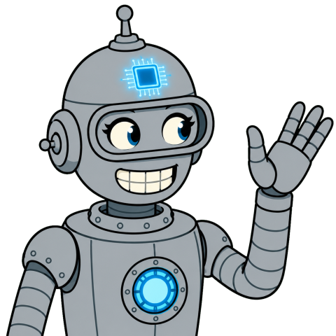 A grey robot with a blue glowing chip on its forehead holds its hand up.